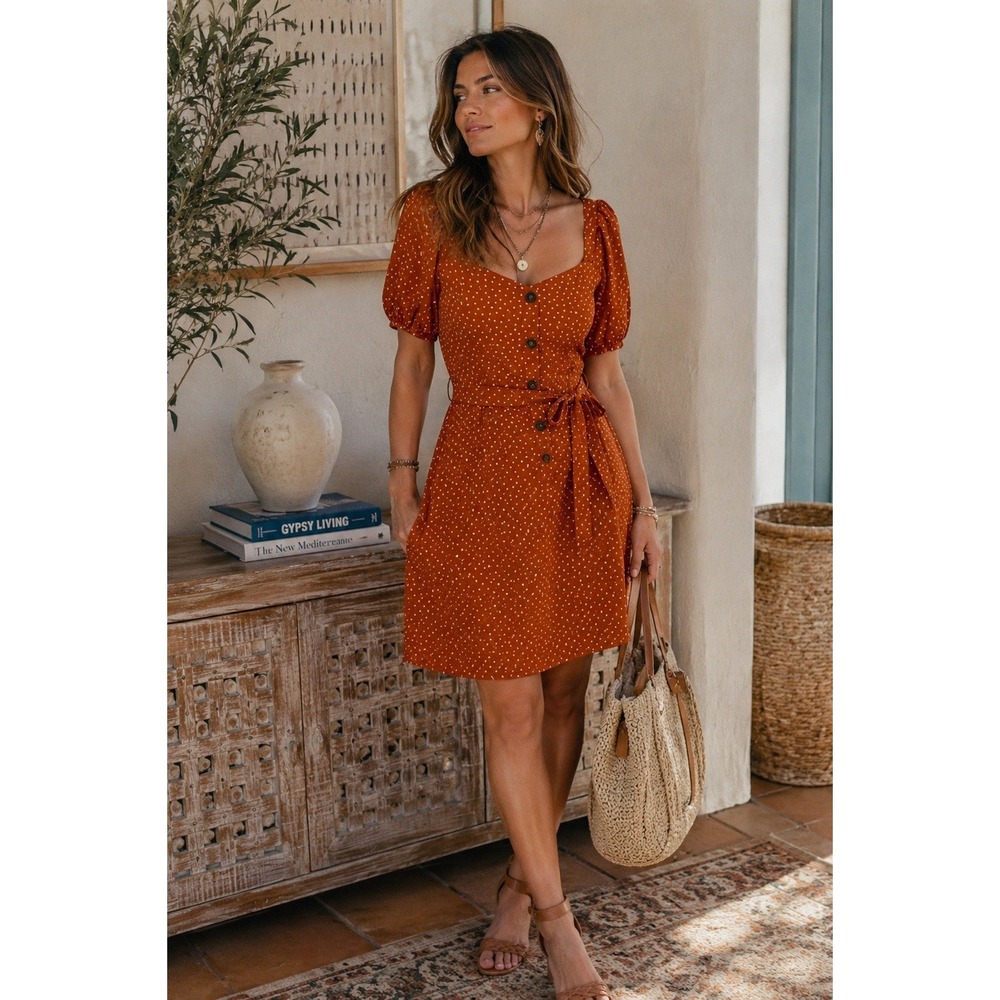 Anthropologie Monteau Belted Dress Sz M Belted Polka Dot Puff Sleeve Textured
